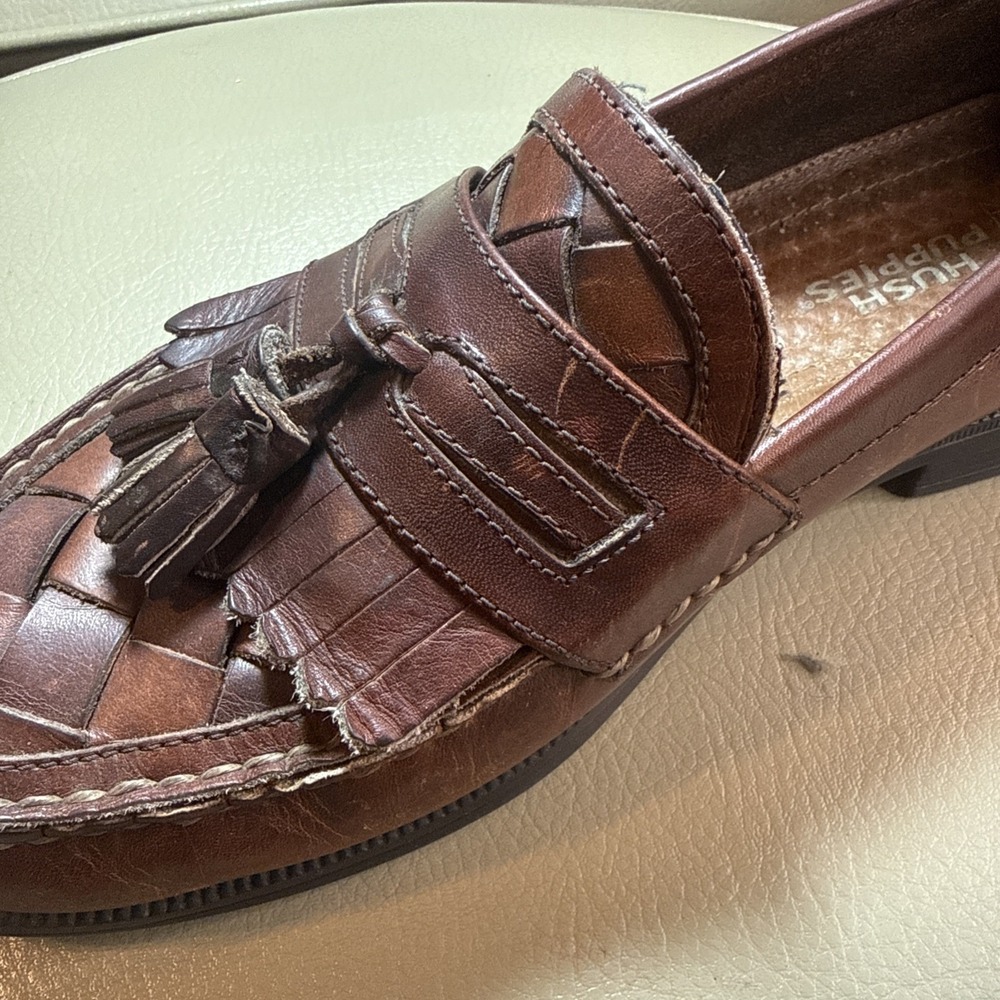 Vintage 90s Brown Hush Puppies Lancer Woven Leather Tassel‎ Loafers 11 - Picture 7 of 11